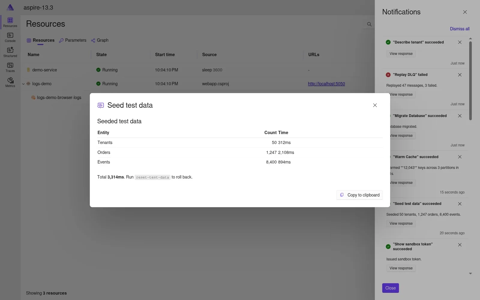 Seed test data result detail dialog showing the markdown table light