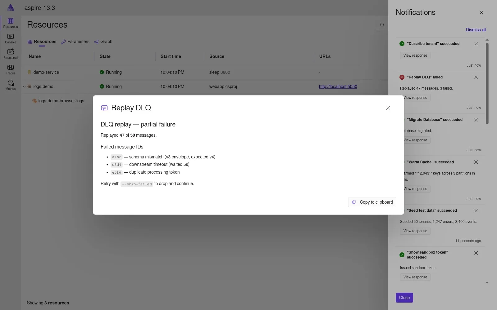 Failure command result with markdown failure list light