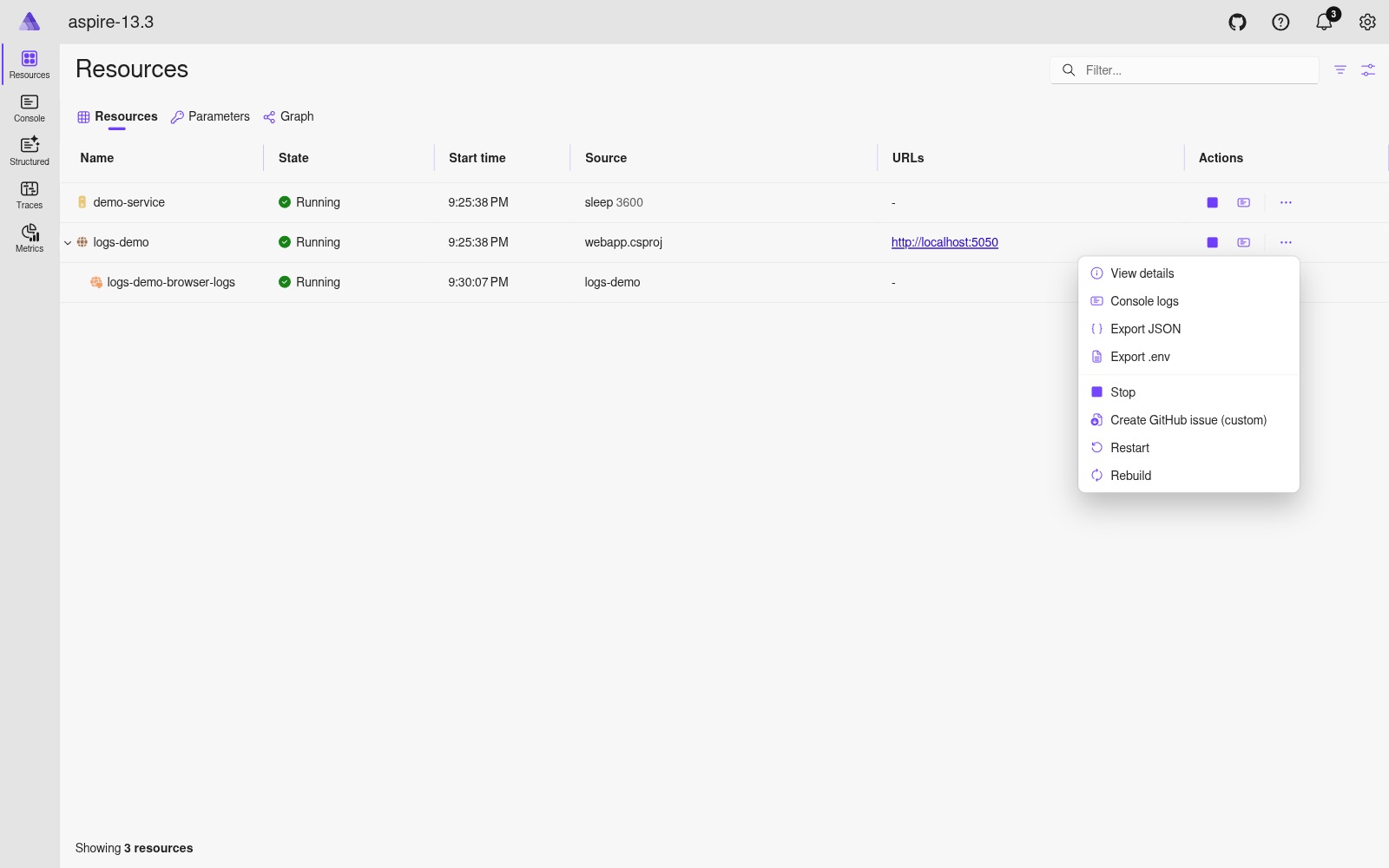 Parent resource actions menu with the custom Create GitHub issue command light