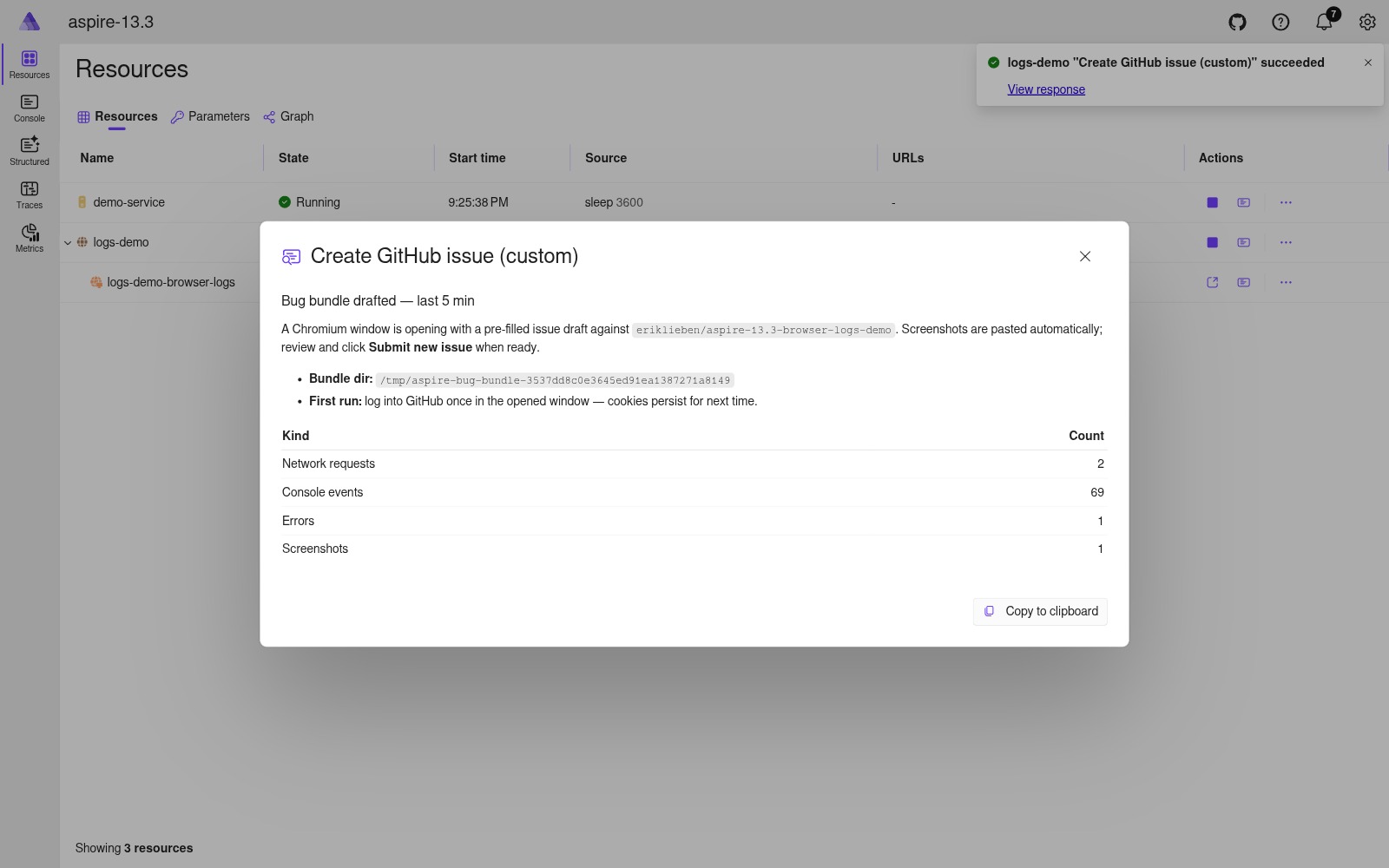 Custom Create GitHub issue command DisplayImmediately dialog with markdown body light