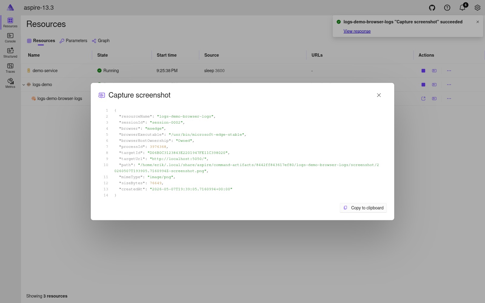 Capture screenshot DisplayImmediately dialog with structured JSON record body light