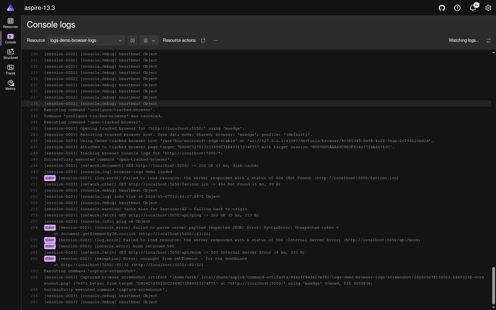 Browser console events streaming into the dashboard's Console logs pane dark