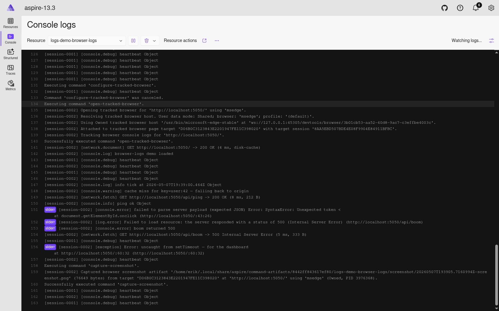 Browser console events streaming into the dashboard's Console logs pane light