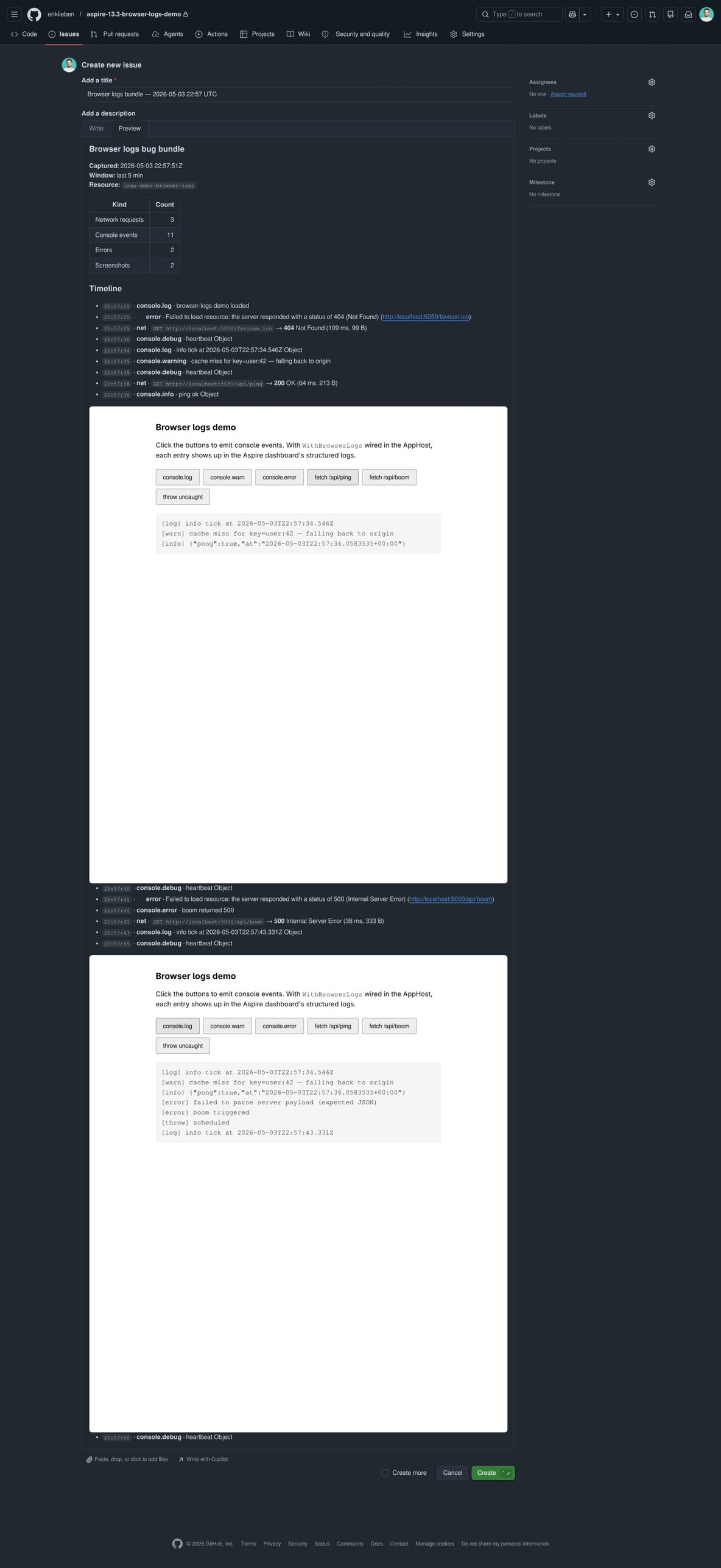 Auto-filed GitHub issue with interleaved timeline and inline screenshots dark