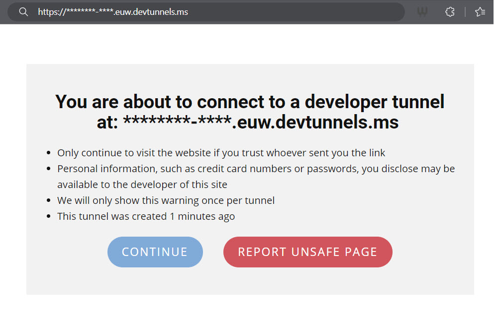 Browser window with dev tunnel link