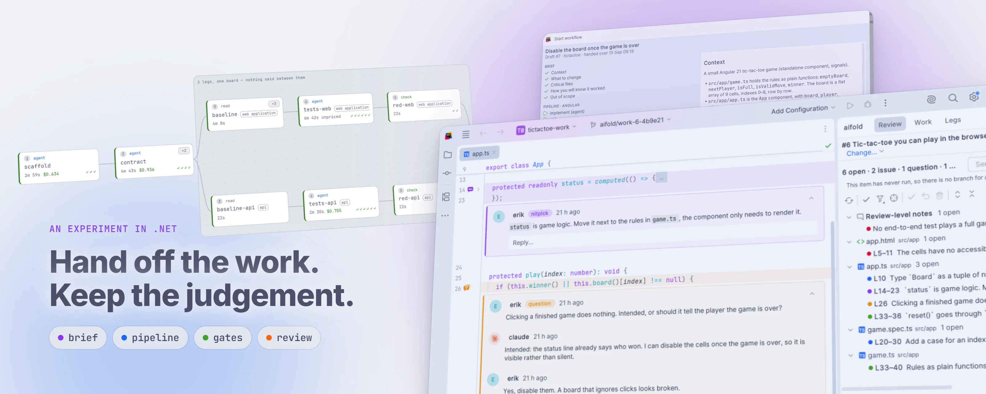 An AI software factory, an experiment in .NET: hand off the work, keep the judgement. A pipeline run of agents and checks, a Start workflow dialog for a brief, and JetBrains Rider with review notes as cards next to the code, including a question answered by Claude