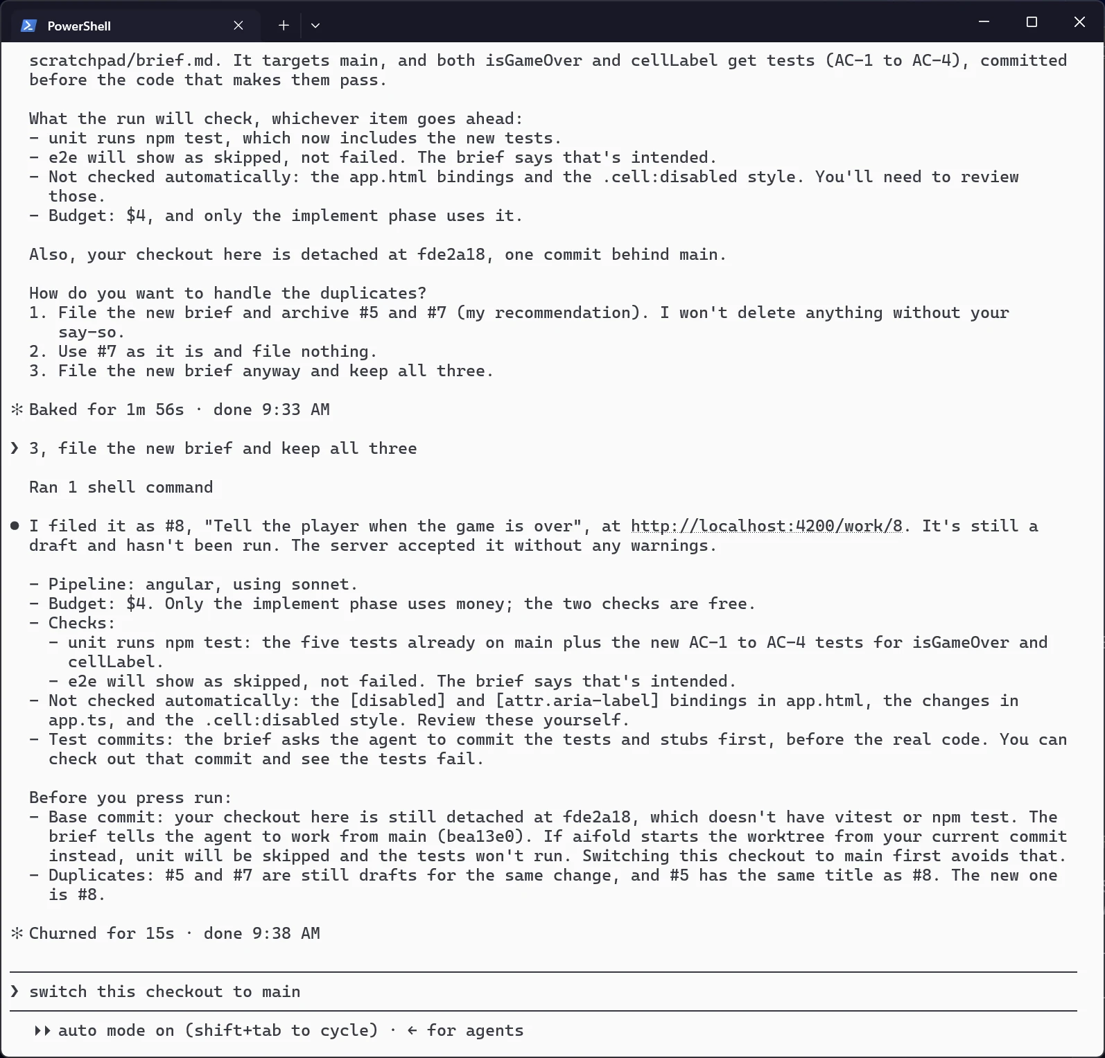 The end of the same kind of session: the work item is filed as a draft with a link, with a summary of the pipeline, the budget, which checks will really run and which will be skipped, and what to look at before starting the run