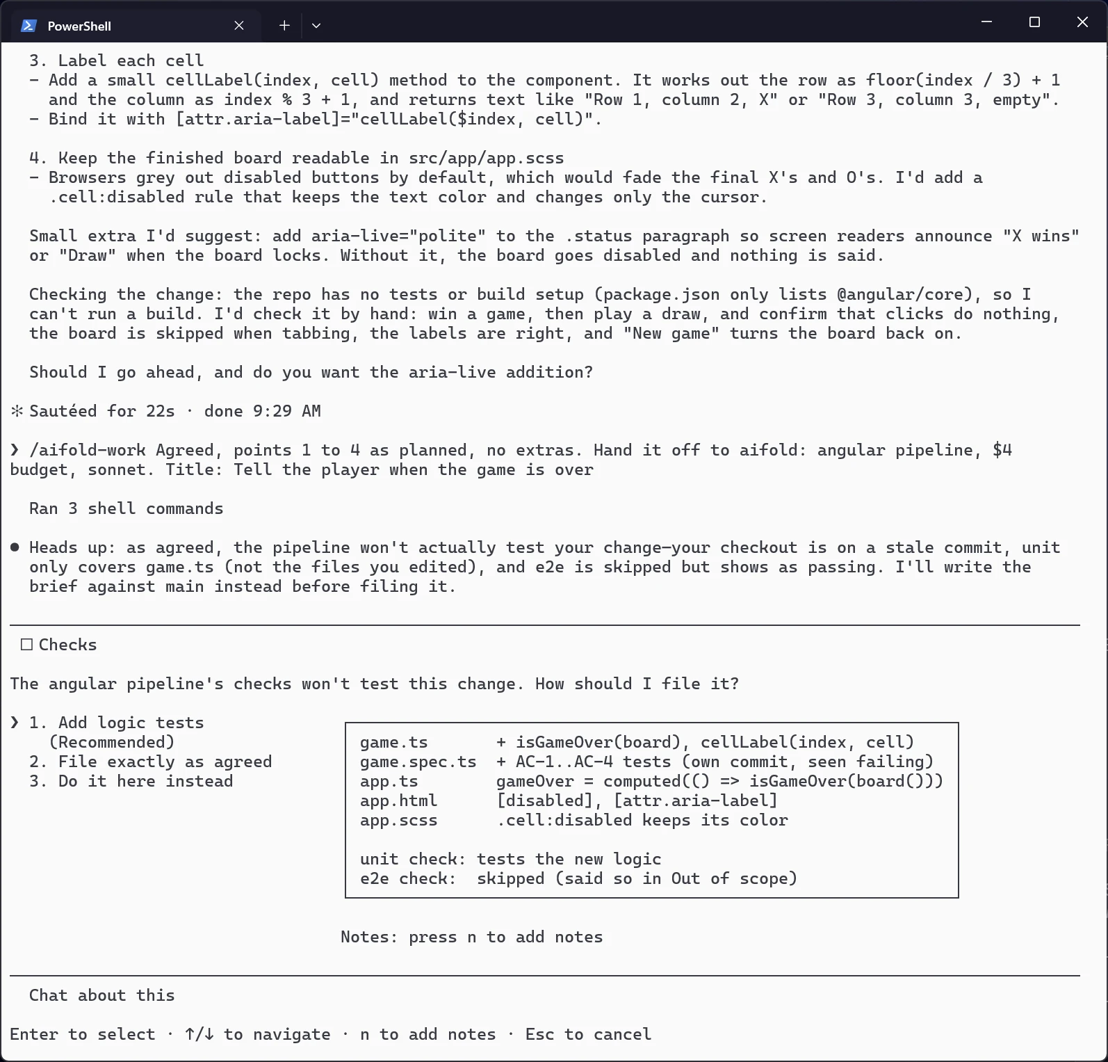 Claude Code in Windows Terminal: after the plan is agreed, the aifold-work skill is asked to hand it off with a pipeline, budget and model, checks the repository, and stops to ask how to file it because the pipeline's checks would not test the change