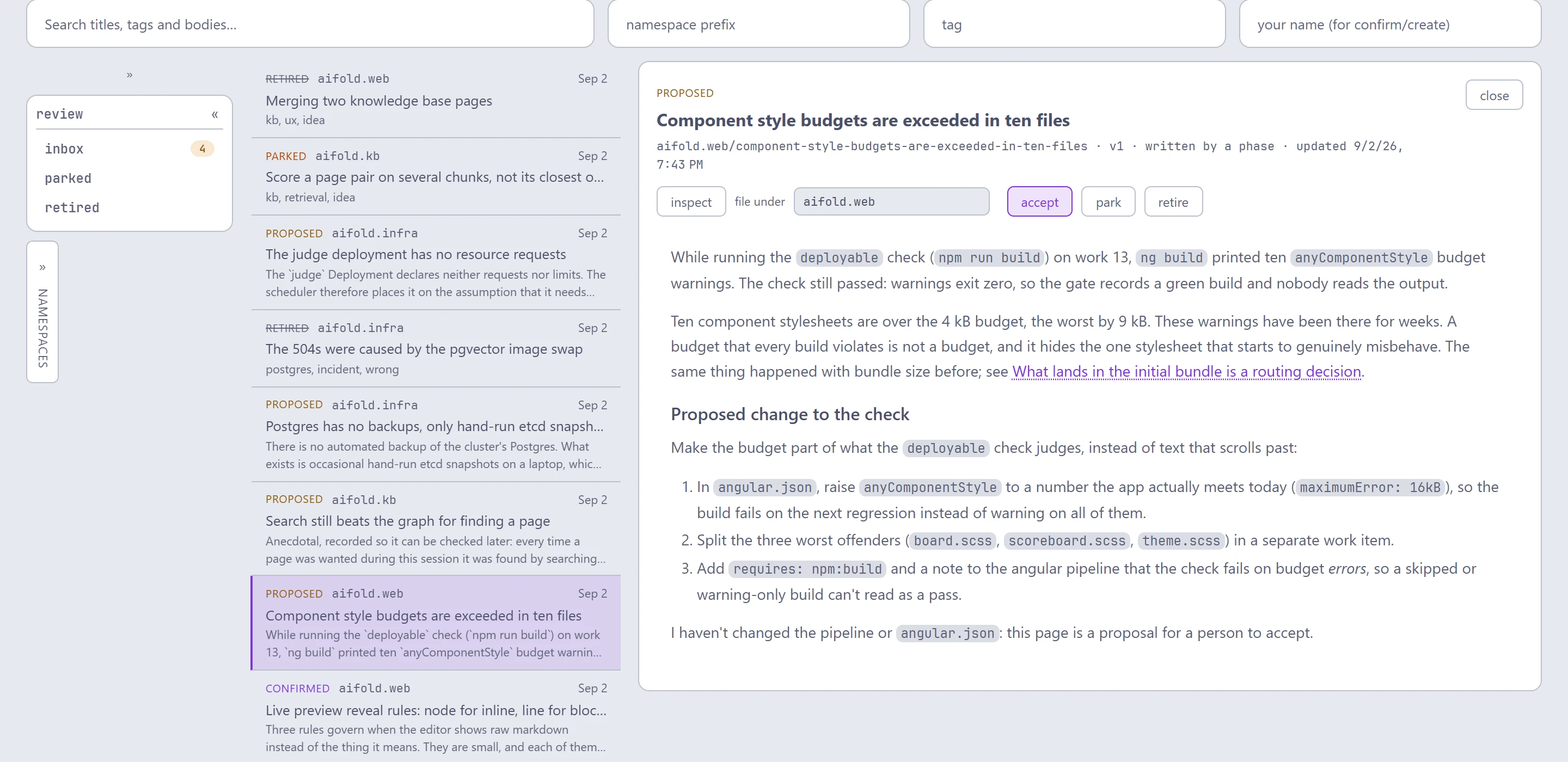 A proposed knowledge base page written by a phase: during the deployable check the agent saw ten ignored style budget warnings, links to a related page about bundle size, and proposes three changes to the check