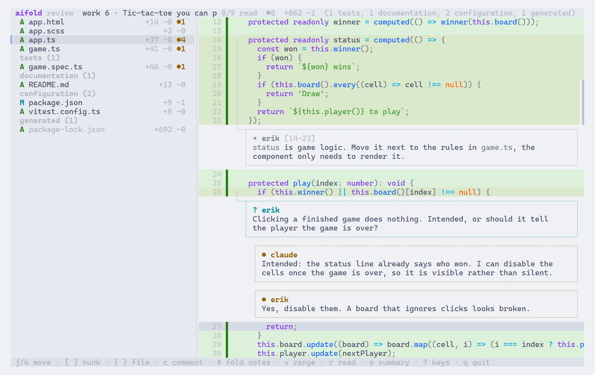 Comments drawn inline in the diff: a nitpick on a range of lines and a question on a single line