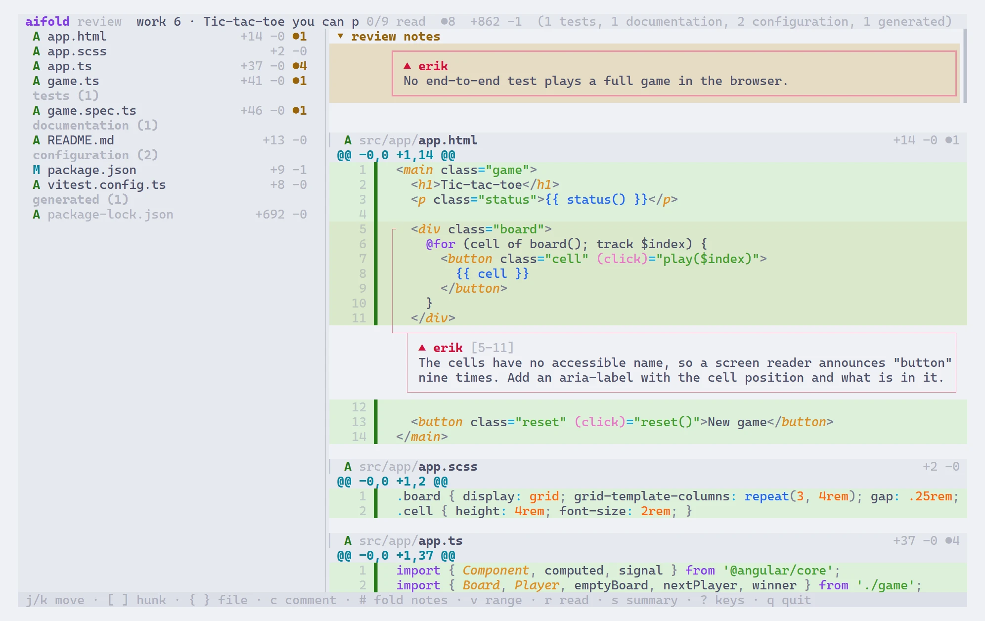 A terminal review tool showing files grouped into code, tests, documentation, configuration and generated, next to one continuous diff