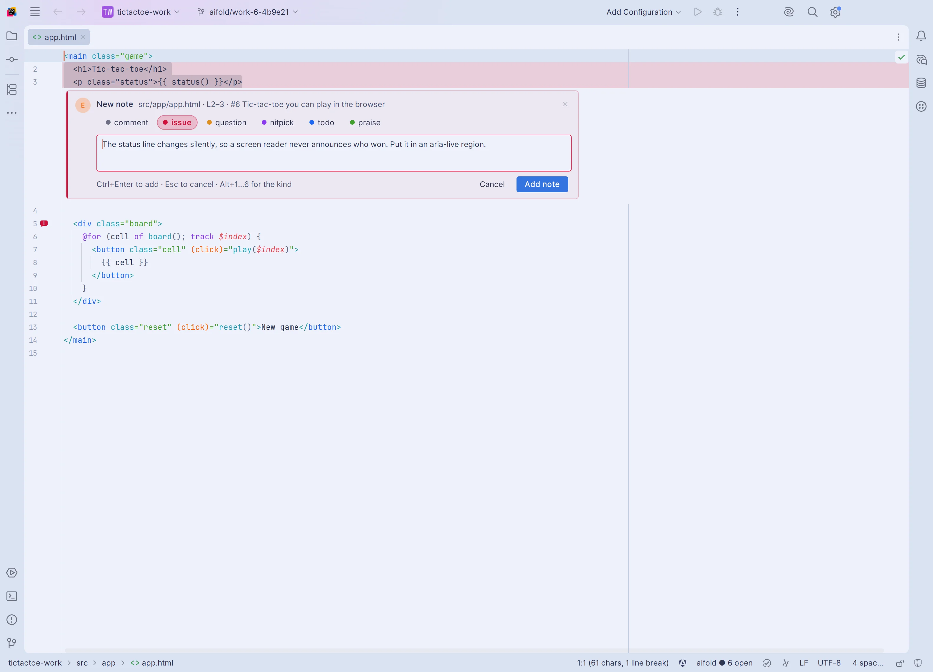 Adding a note in Rider: a card opens right under the selected lines in app.html, with the kinds as chips and issue selected, the note that the status line changes silently so a screen reader never announces who won, and an Add note button