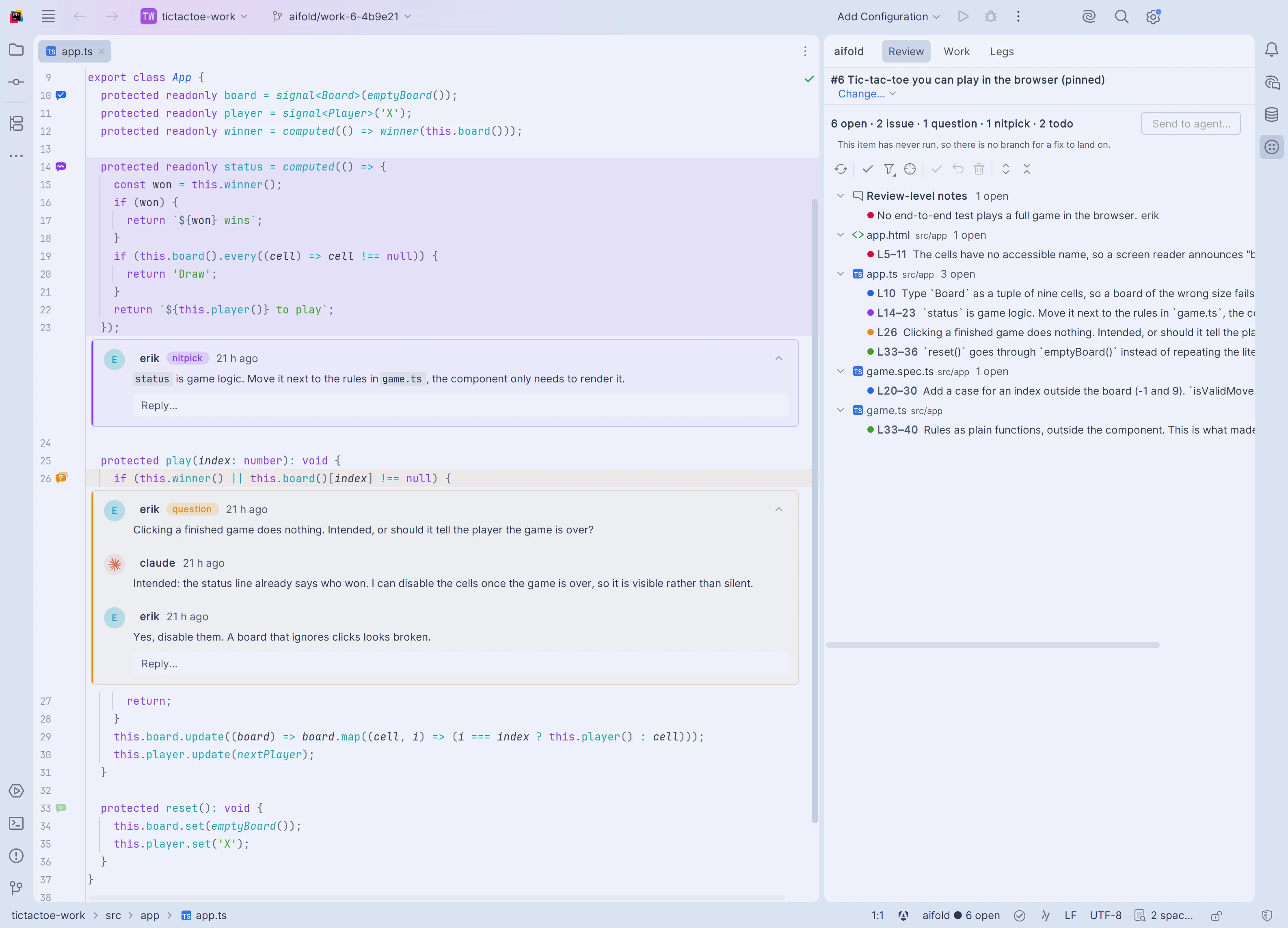 Review notes in JetBrains Rider: speech-bubble markers in the gutter show each note's kind, the lines a note covers are tinted, and the notes are cards under the code: a nitpick on the status computation and a question about clicking a finished game, answered by Claude and replied to by erik