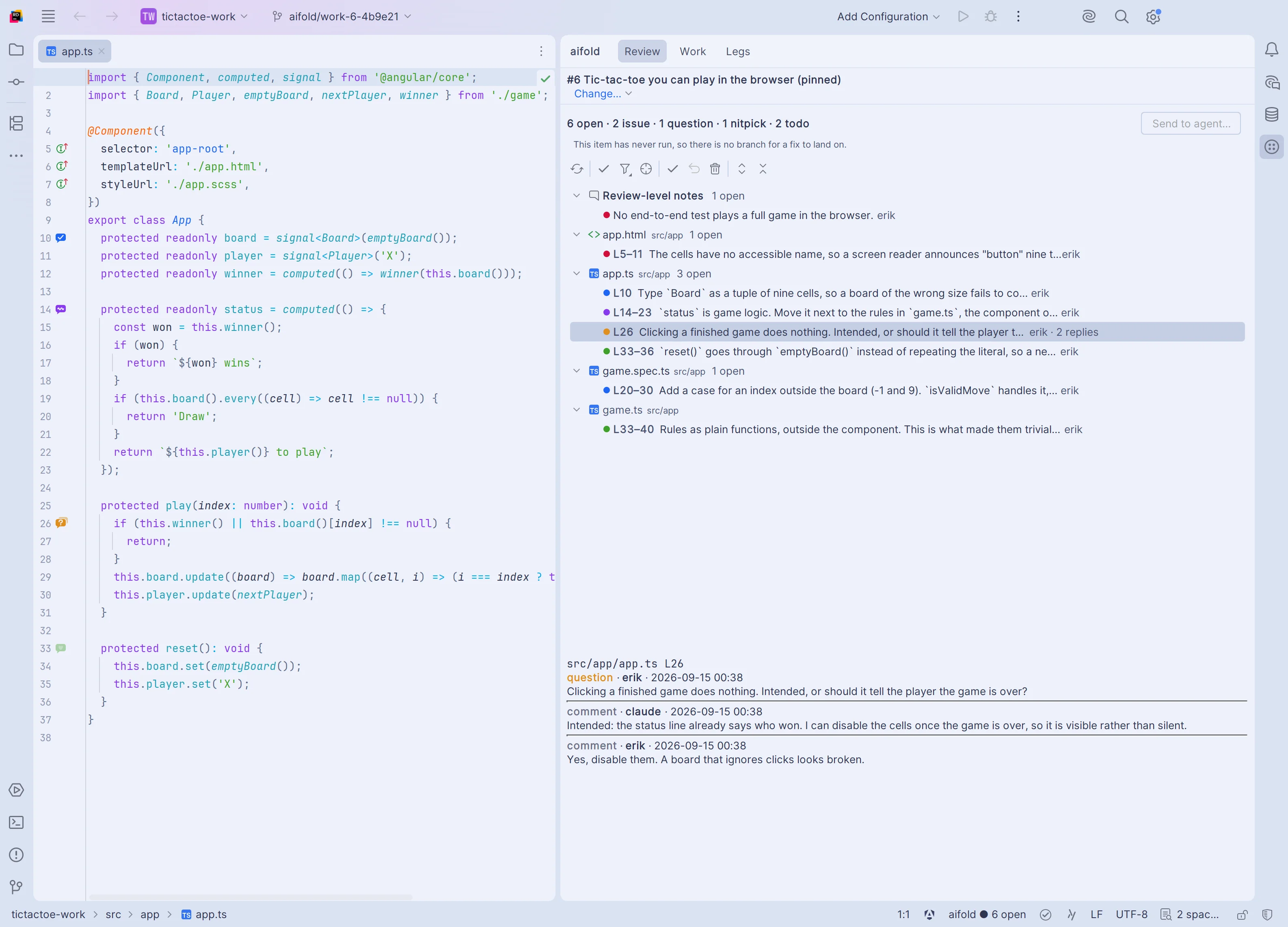 The review tool window in Rider: a summary of 6 open notes by kind with a Send to agent button, every note grouped by file, and the selected question thread with its two replies underneath