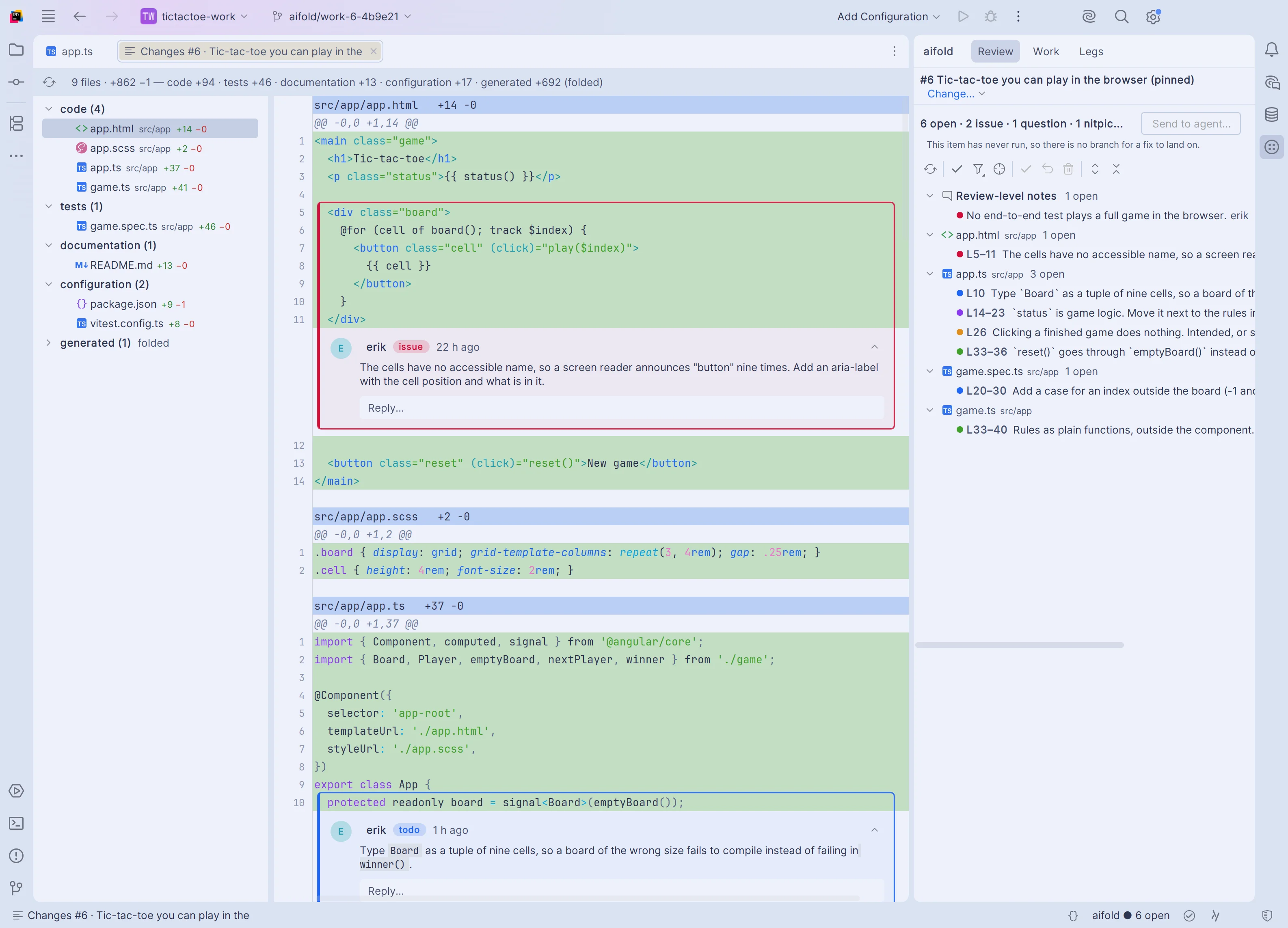 The Changes tab in JetBrains Rider: files grouped into code, tests, documentation, configuration and generated, next to one continuous diff with review notes drawn as cards under the lines they are about