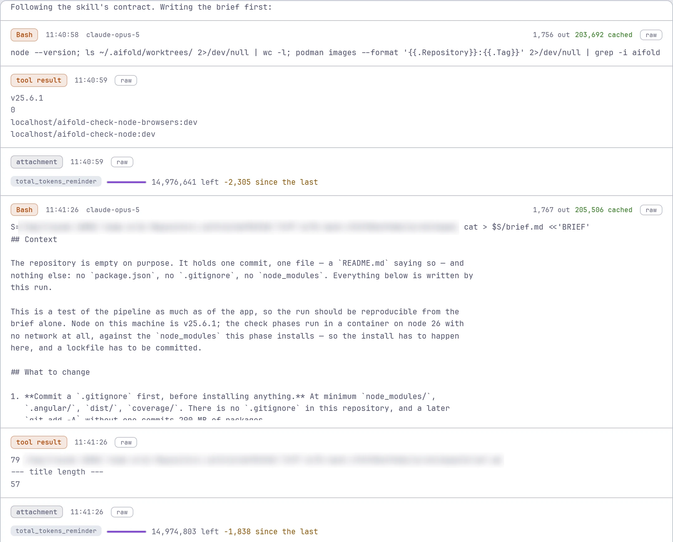 A stored Claude Code transcript: the agent says it is following the skill's contract and writing the brief first, checks the machine, then writes brief.md with a Context and What to change section for an empty tic-tac-toe repository