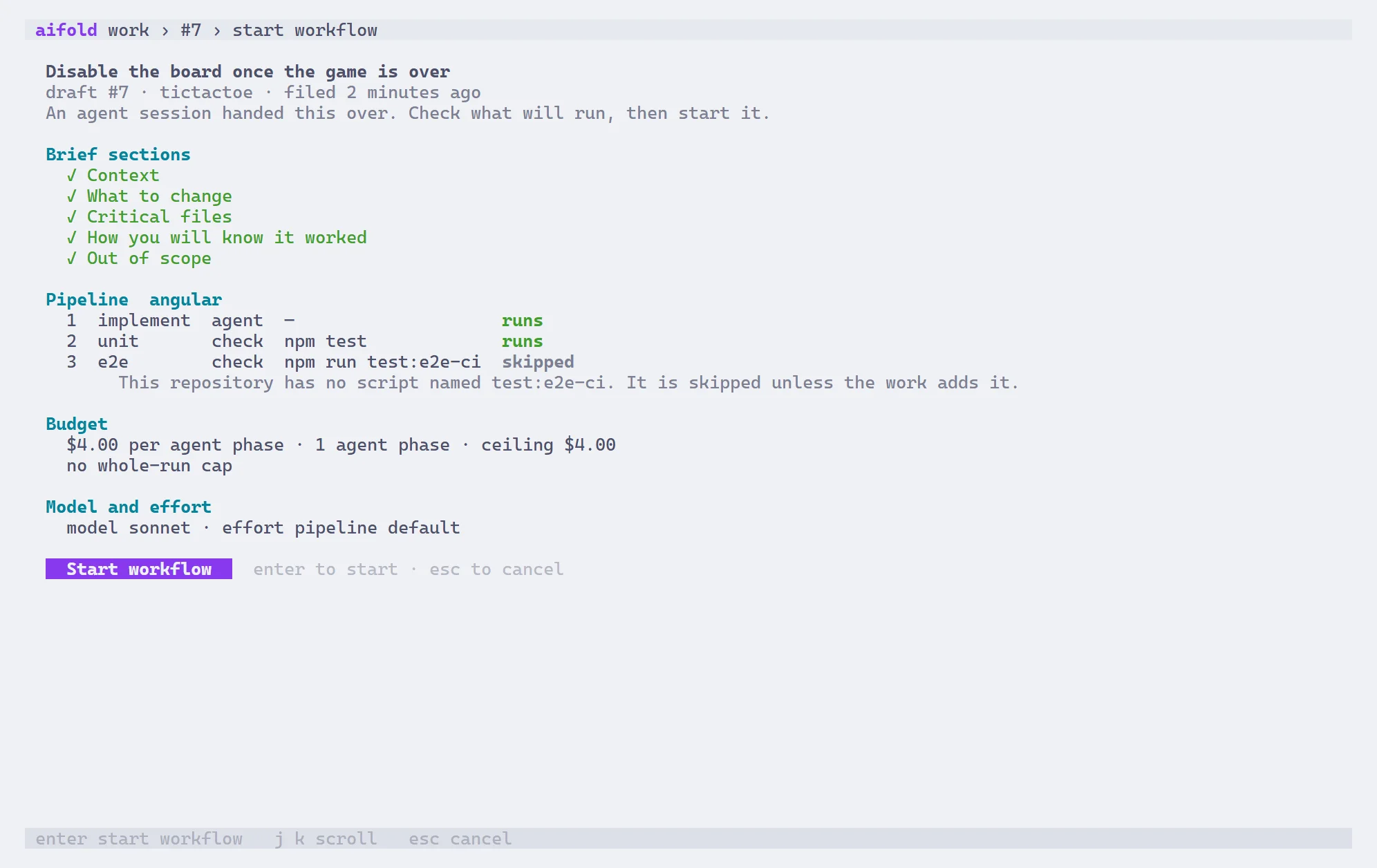 The Start workflow screen in the terminal app for the same draft: brief sections ticked, the pipeline steps with implement and unit running and e2e skipped with its reason, the budget with no whole-run cap, model and effort, and a Start workflow button