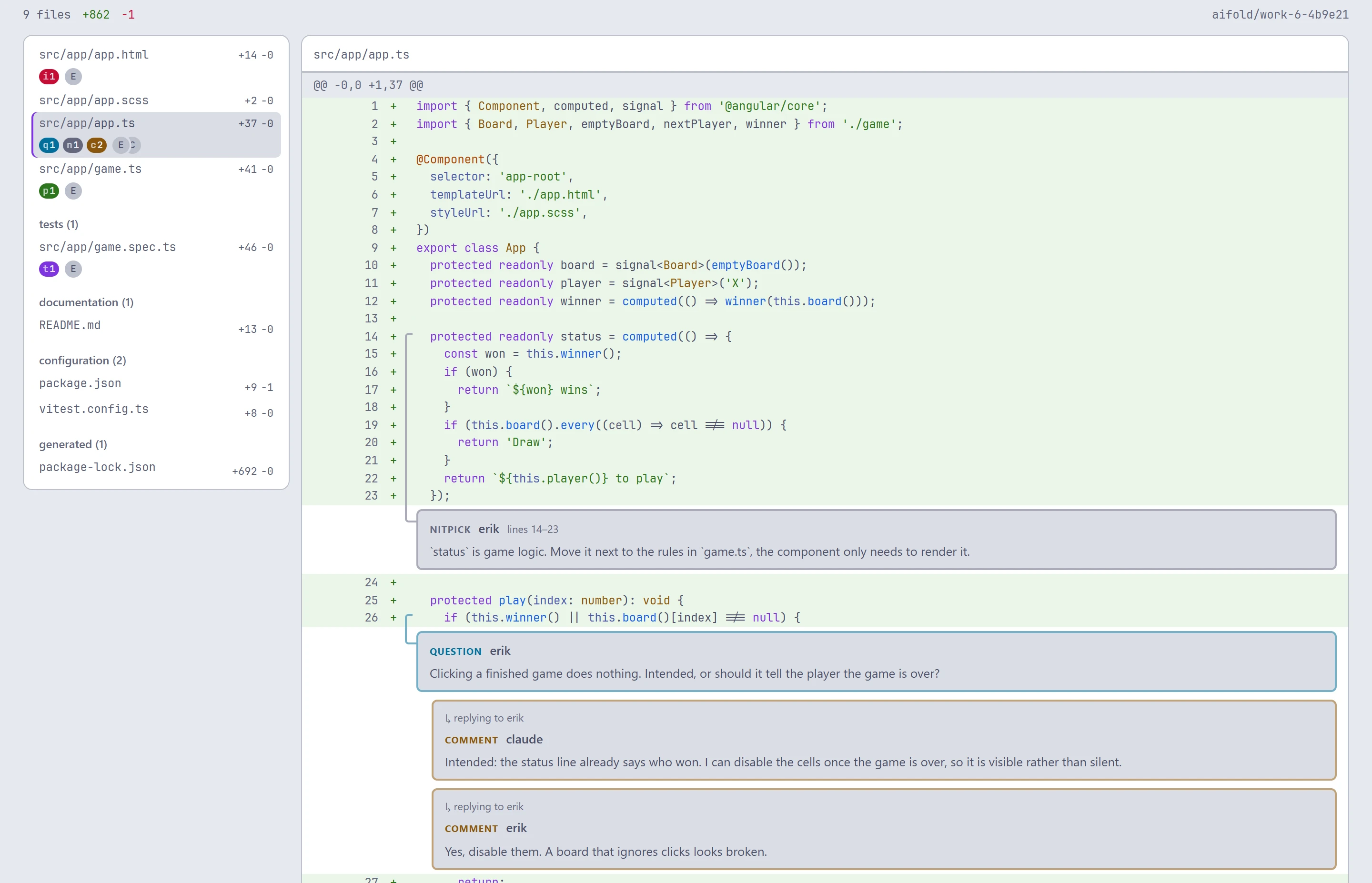 The web review: files grouped as documentation next to the diff, with a nitpick and an issue drawn under their line ranges