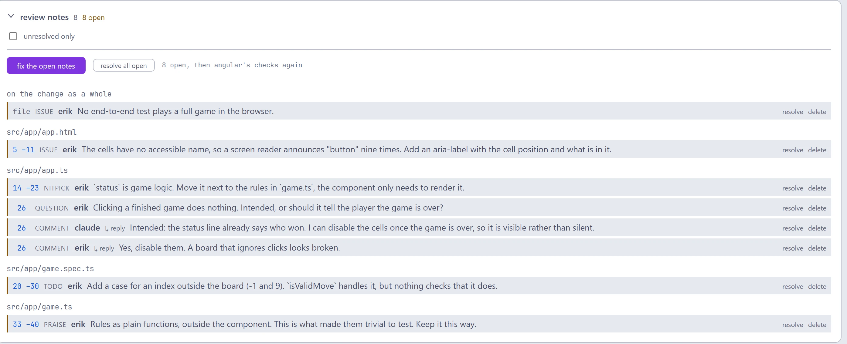 The web review notes list, grouped by file, with a fix the open notes button