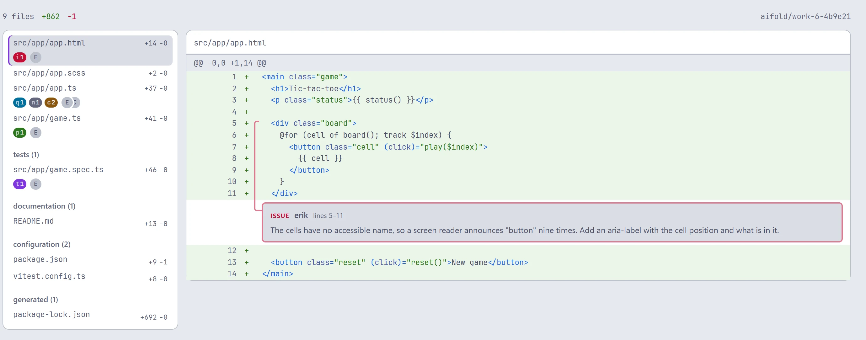 The web review of the same change: nine files grouped by kind, code first, next to one continuous diff