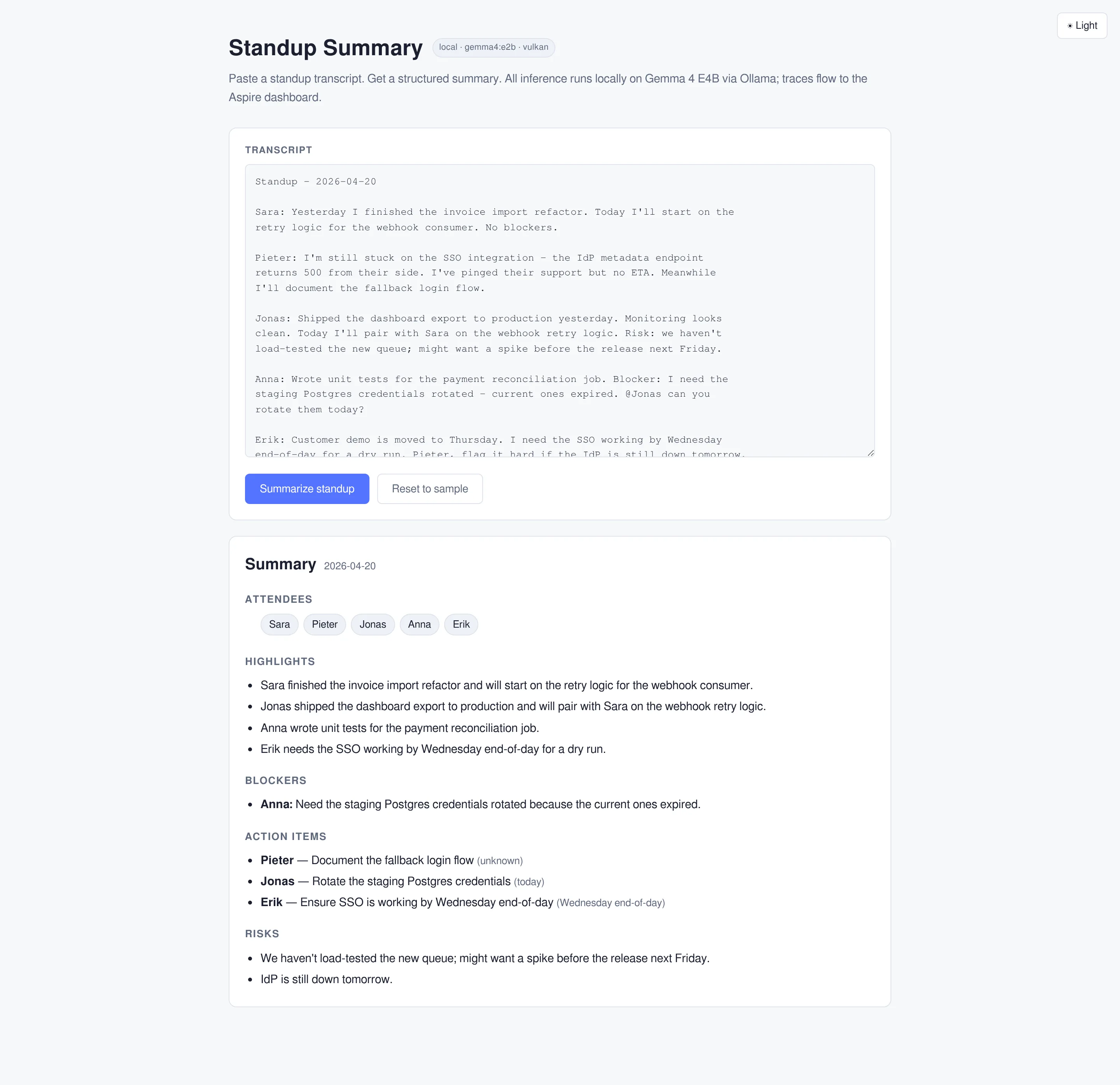 Scrum standup summary app showing structured output