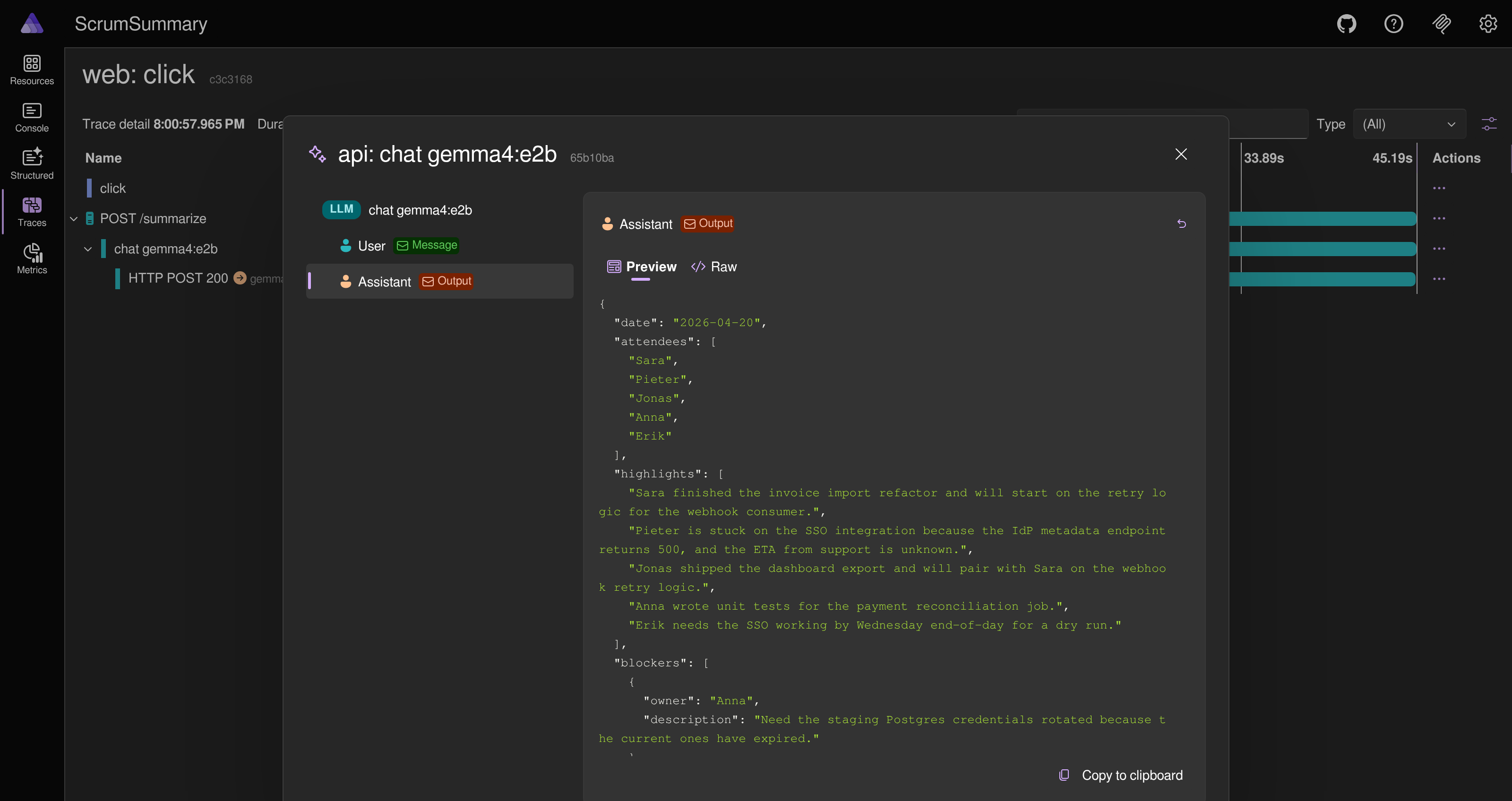 Expanded assistant message showing Gemma's JSON response dark