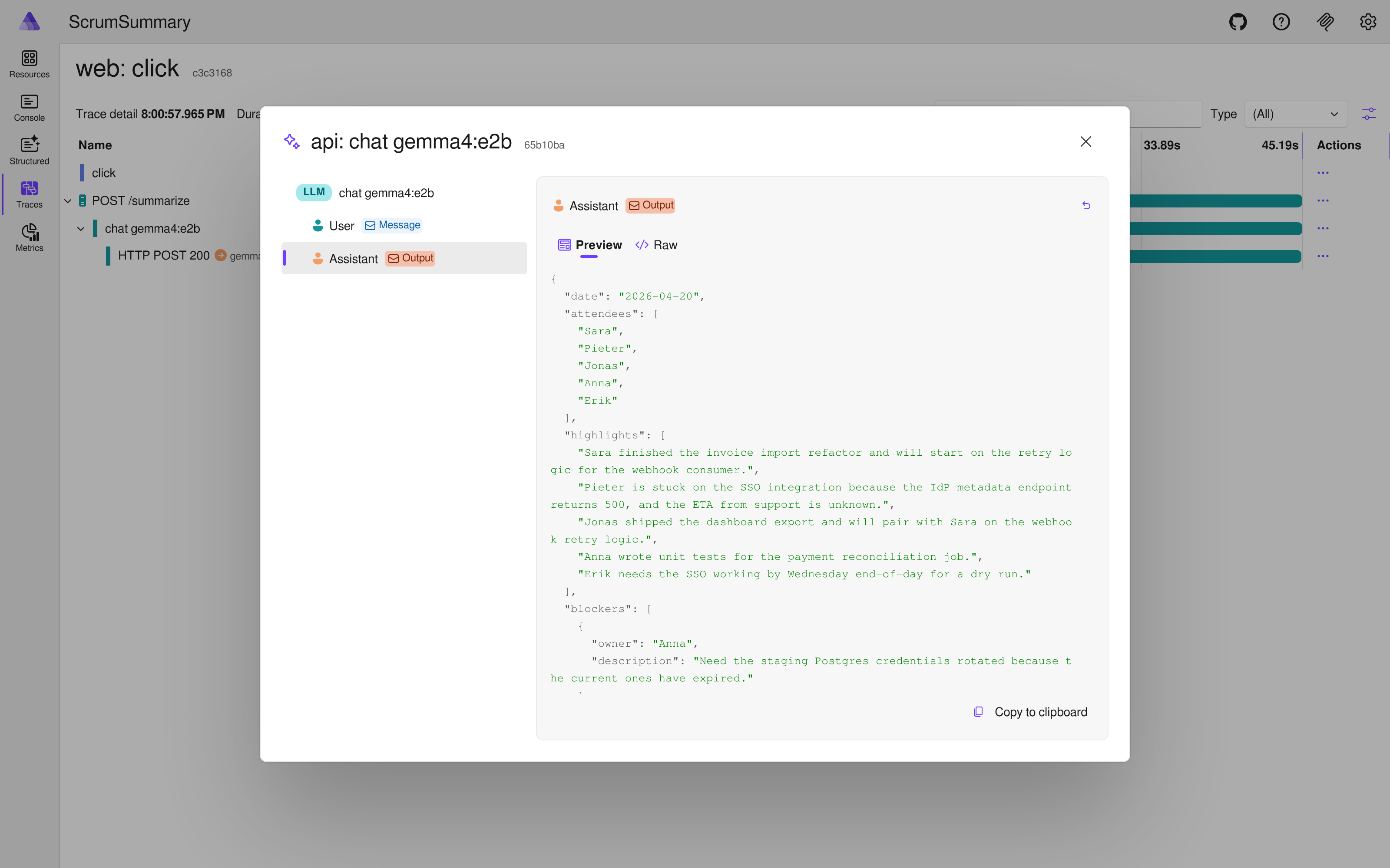 Expanded assistant message showing Gemma's JSON response