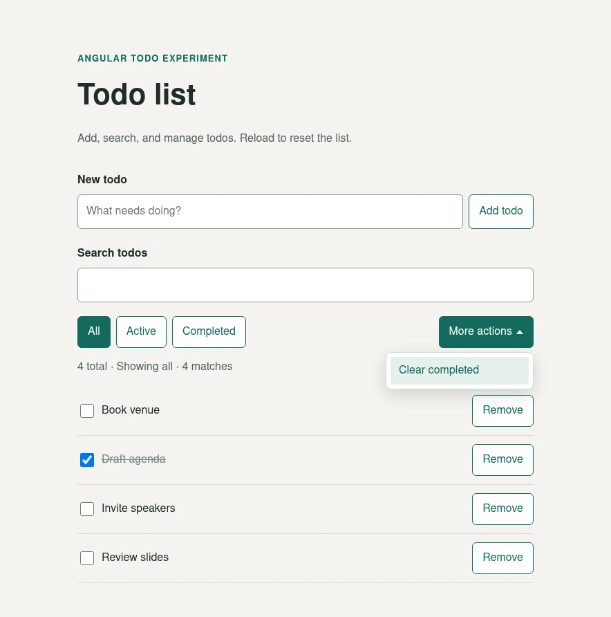 The todo app with four todos, "Draft agenda" checked, and the "More actions" menu open to show its "Clear completed" item